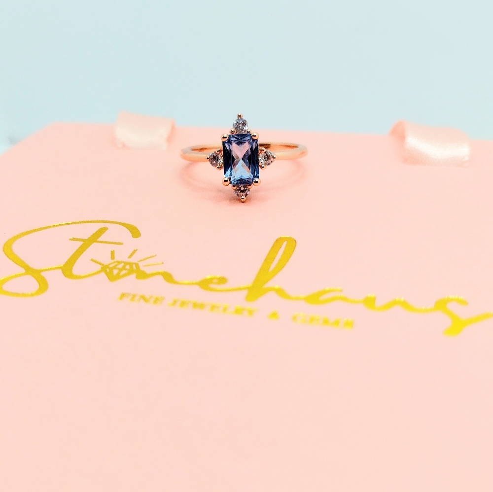 14K Rose Gold Plated Blue Spinel Emerald Cut Ring - Picture 1 of 4